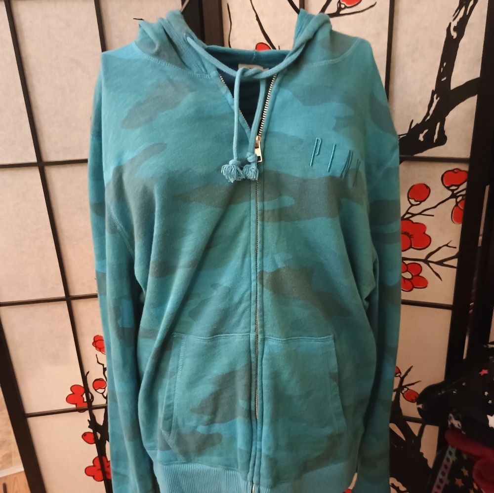 PINK Victoria's Secret Blue Camo Hoodie L/XL - Picture 2 of 7